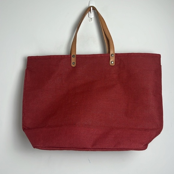 Ballard Designs Red Woven Jute Embroidered Leather Strap Zip Closure Large Tote - Picture 3 of 9